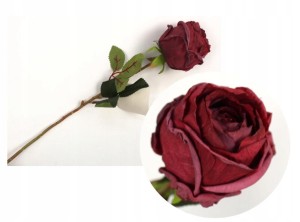 Kwiat pojedynczy RÓŻA podsuszana wys 42cm (główka 6,5x7cm) BORDOWA sztuczna