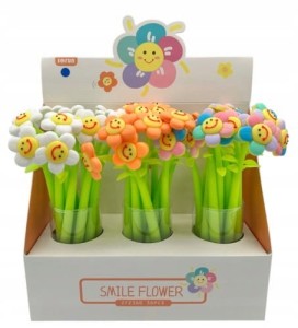 Długopis cienkopis kwiatek stokrotka uśmiechnięta buźka silikonowy płatki