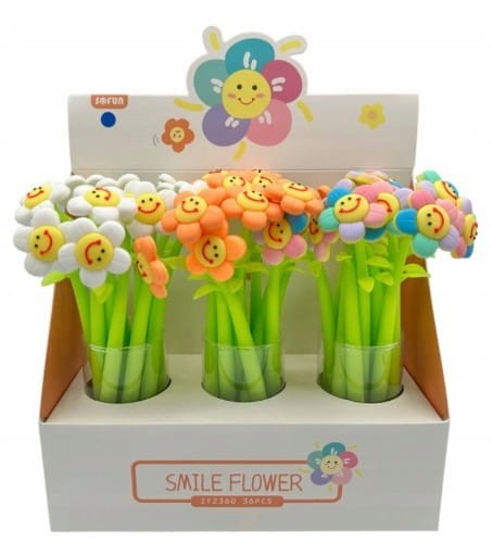 Długopis cienkopis kwiatek stokrotka uśmiechnięta buźka silikonowy płatki