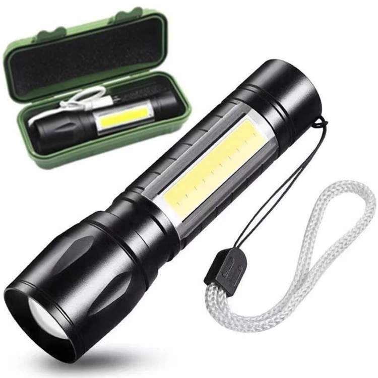 Latarka akumulatorowa USB, 3 tryby, mocna XPE+COB + kabel usb + etui