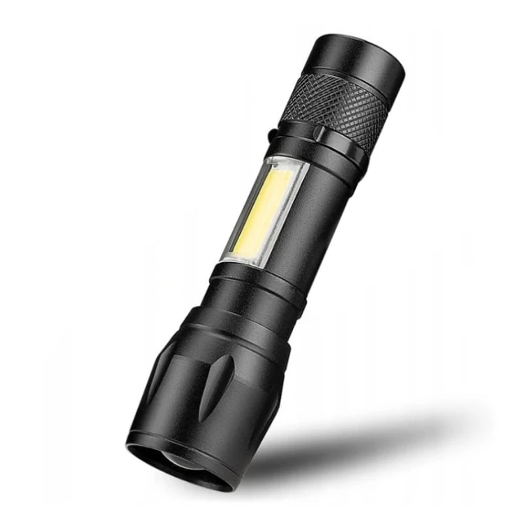 Latarka akumulatorowa USB, 3 tryby, mocna XPE+COB + kabel usb + etui