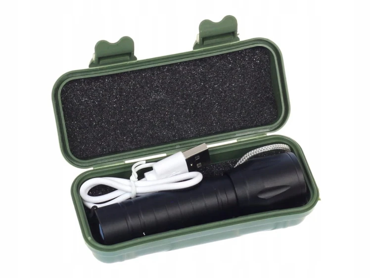 Latarka akumulatorowa USB, 3 tryby, mocna XPE+COB + kabel usb + etui