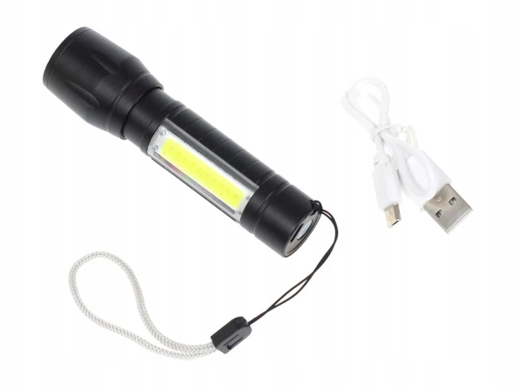 Latarka akumulatorowa USB, 3 tryby, mocna XPE+COB + kabel usb + etui