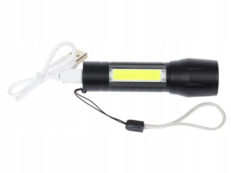 Latarka akumulatorowa USB, 3 tryby, mocna XPE+COB + kabel usb + etui