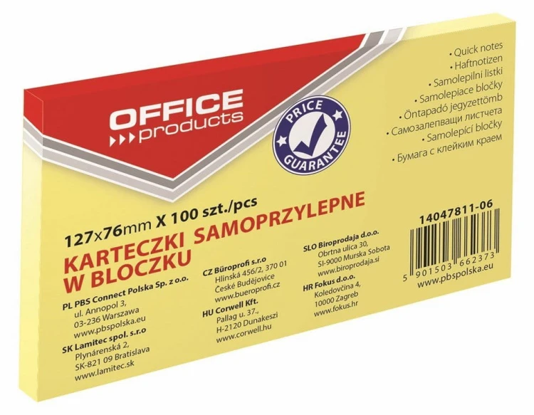 Karteczki samoprzylepne Office Products 51x76 mm 100 kartek żółte