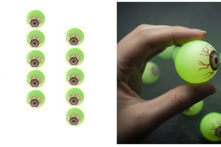 Piłka piłeczka gumowa OKO gałka oczna kauczukowa świecąca w ciemności FLUO x10