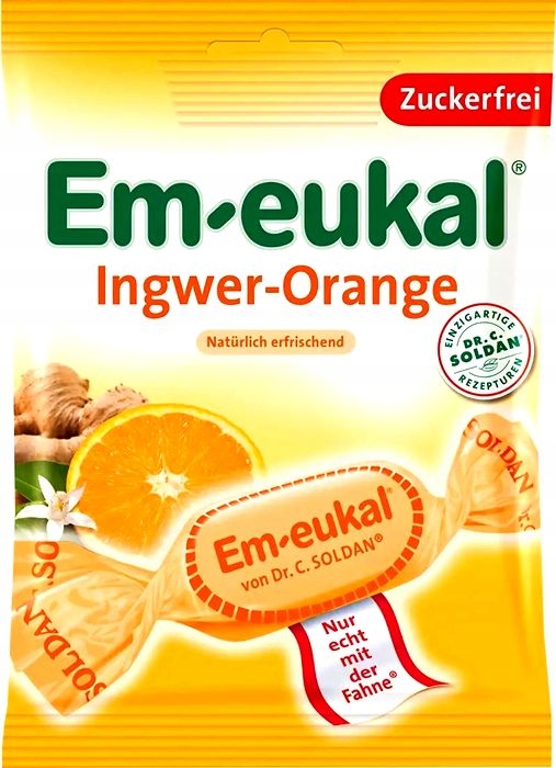Cukierki bez cukru ziołowe imbir pomarańcza niemieckie EM-EUKAL