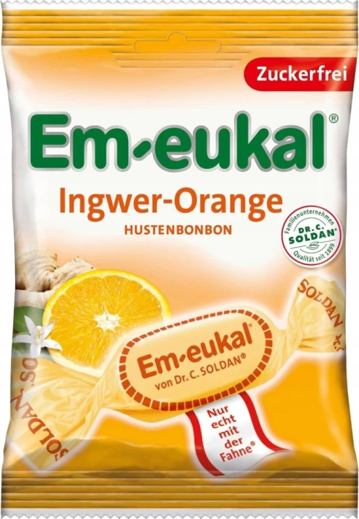 Cukierki bez cukru ziołowe imbir pomarańcza niemieckie EM-EUKAL