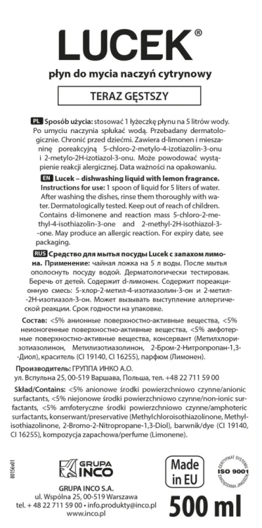 Płyn do mycia naczyń Lucek cytrynowy 0,5 l Polska Chemia
