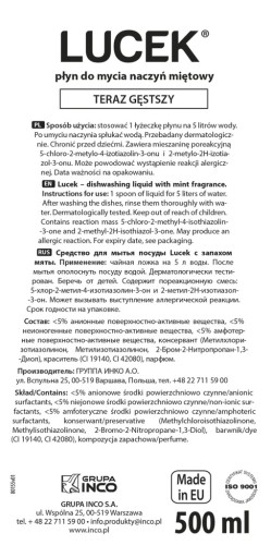 Płyn do mycia naczyń Lucek miętowy MINT 0,5 l Polska chemia