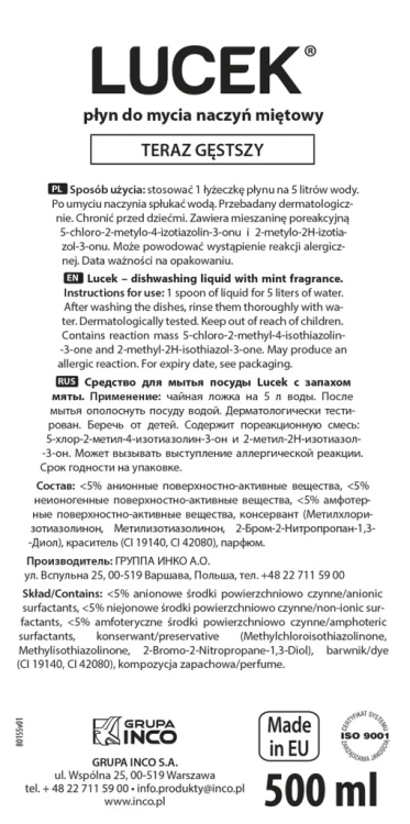 Płyn do mycia naczyń Lucek miętowy MINT 0,5 l Polska chemia