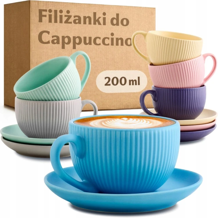 Filiżanki do kawy cappuccino ceramiczne z podstawkami 200 ml zestaw 6 sztuk