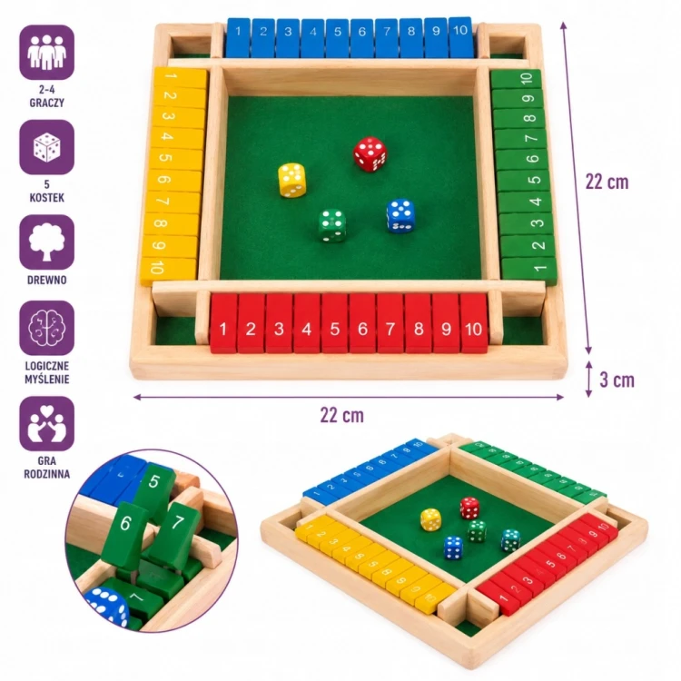 Gra logiczna dla dzieci drewniana kości plansza cyferki liczenie SHUT BOX XXL 22x22x3