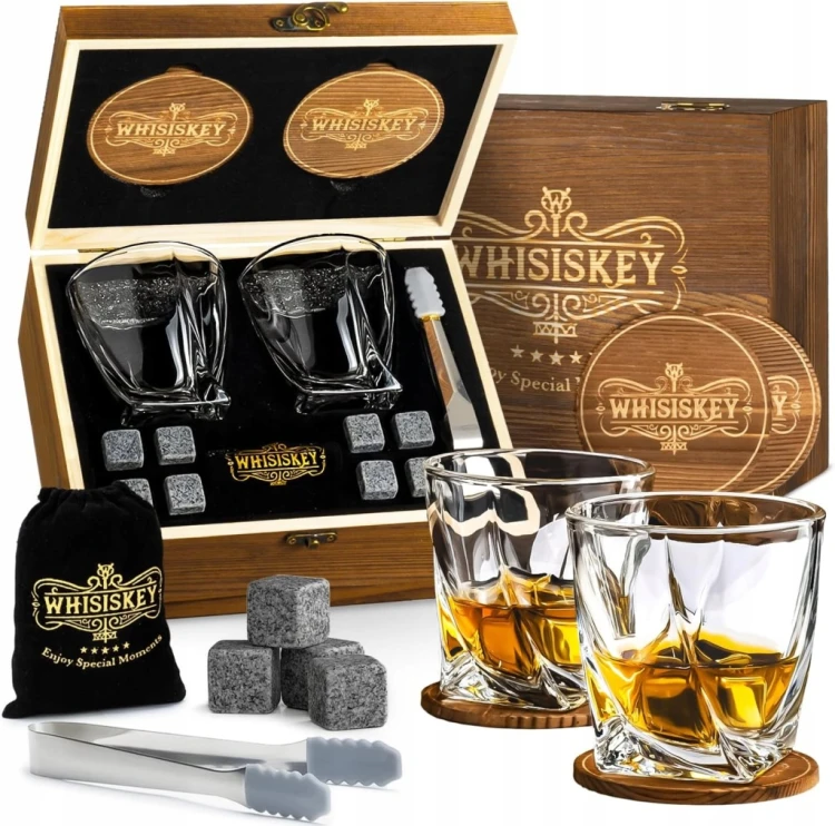 Szklanki do whisky Whisiskey 300 ml 2 szt. Zestaw kamienie pudełko prezent
