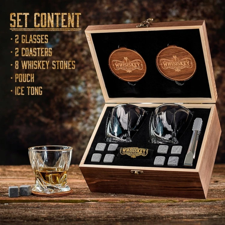 Szklanki do whisky Whisiskey 300 ml 2 szt. Zestaw kamienie pudełko prezent