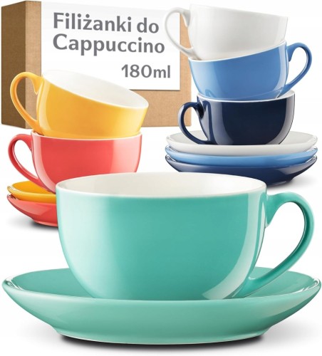 ZESTAW 6 FILIŻANEK CAPPUCCINO 180ML CERAMIKA KOLOROWE SPODKI PUDEŁKO