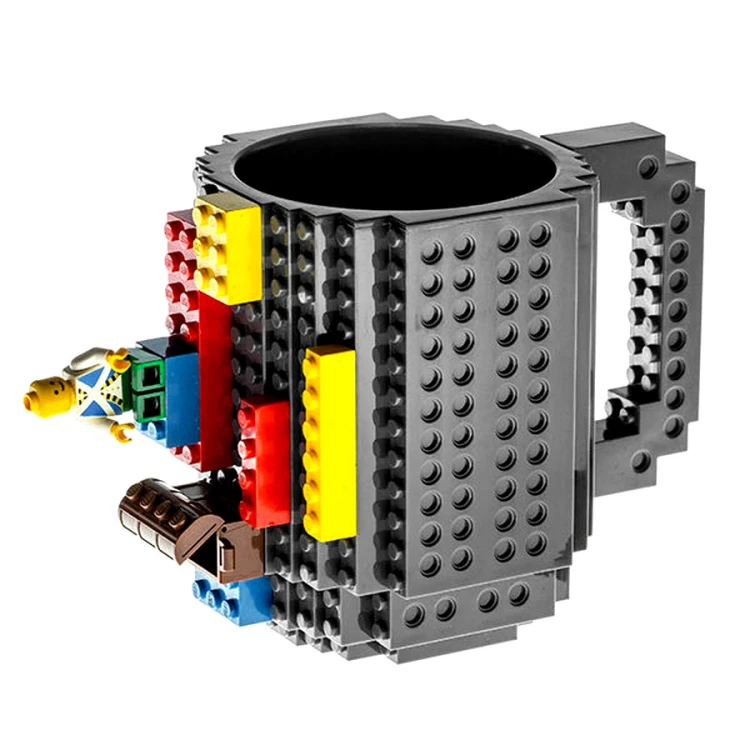 Kubek gracza klockowy z klocków + klocki 350 ml z uchem SZARY