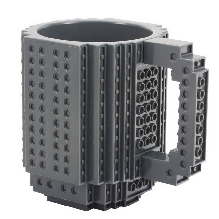Kubek gracza klockowy z klocków + klocki 350 ml z uchem SZARY