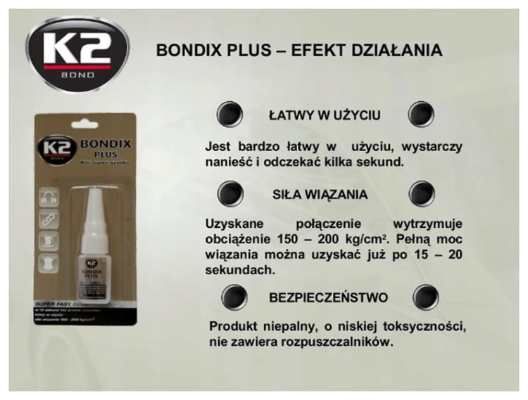 Klej szybkoschnący K2 Bondix 10 g do plastiku drewna gumy skóry ceramiki