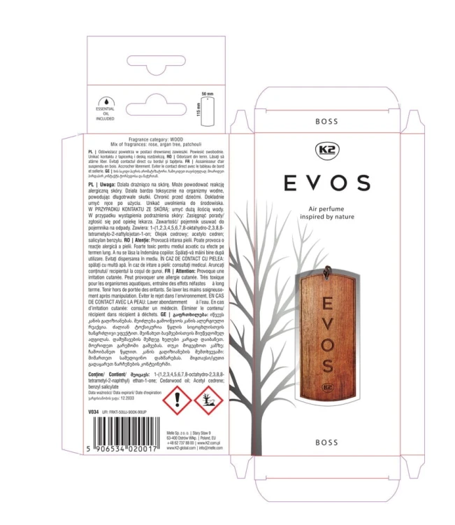 Perfumy do auta K2 BOSS samochodu zawieszka drzewo arganowe róża patchouli