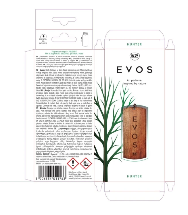 Perfumy do auta K2 HUNTER samochodu zawieszka BERGAMOTKA geranium MOSS
