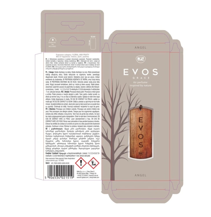 Perfumy do auta samochodu K2 ANGEL zawieszka DREWNO frezja śliwka praliny