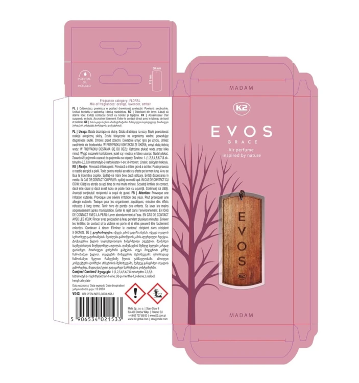Perfumy do auta samochodu K2 MADAM zawieszka DREWNO pomarańcza lawenda