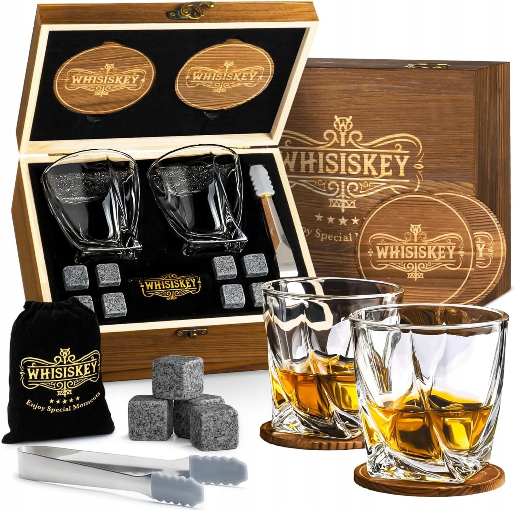 Szklanki do whisky Whisiskey 300 ml 2 szt. Zestaw kamienie pudełko prezent