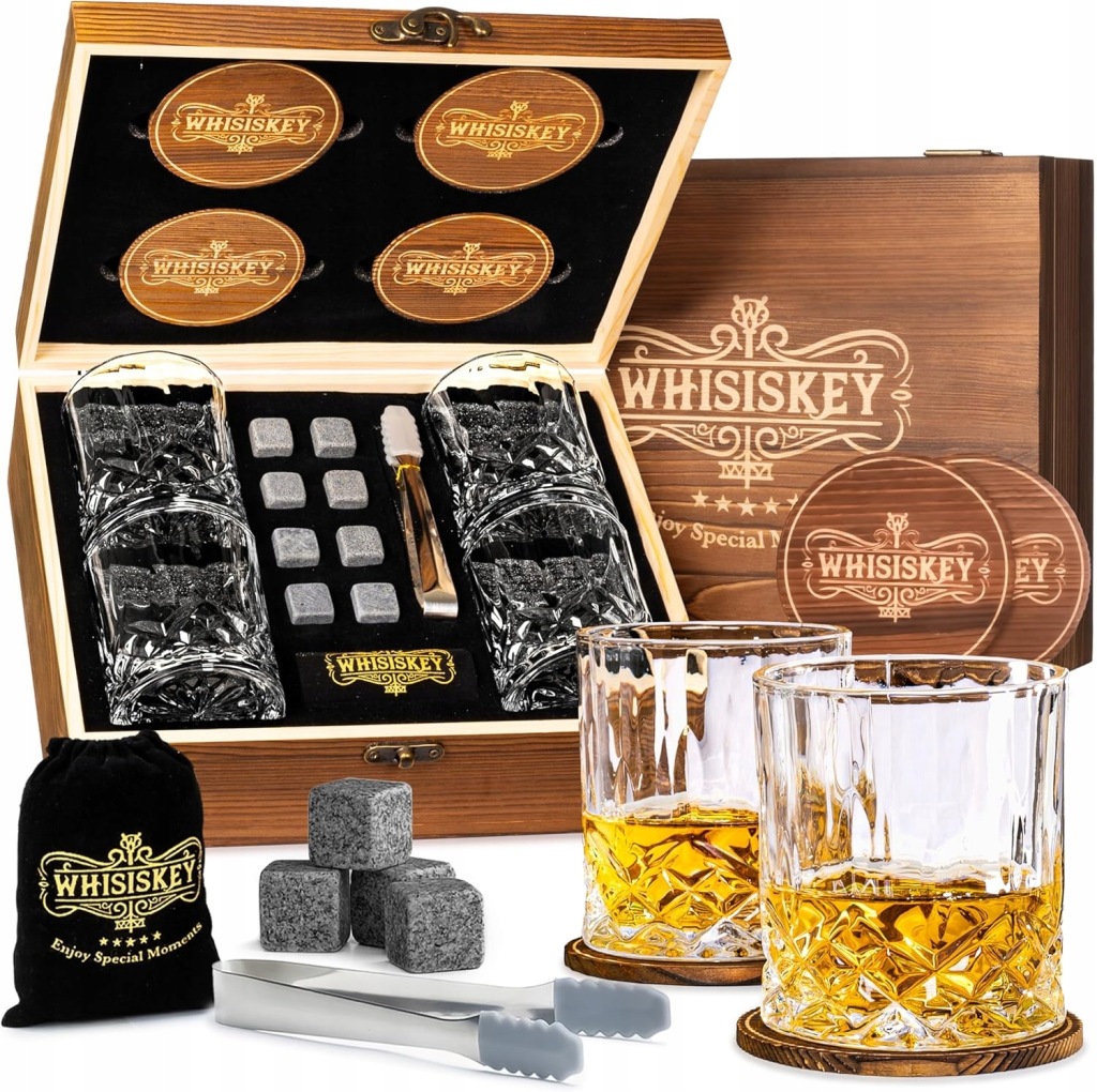 Zestaw do whisky WHISISKEY – 4 szklanki, 8 kamieni, pudełko prezentowe