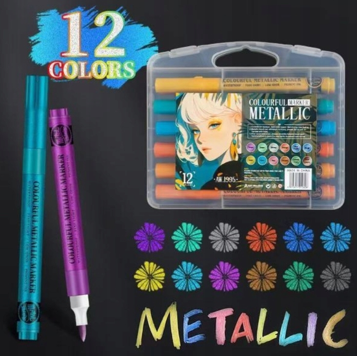 Flamastry mazaki pisaki metaliczne wielokolorowe 12 szt. DYI scrapbooking