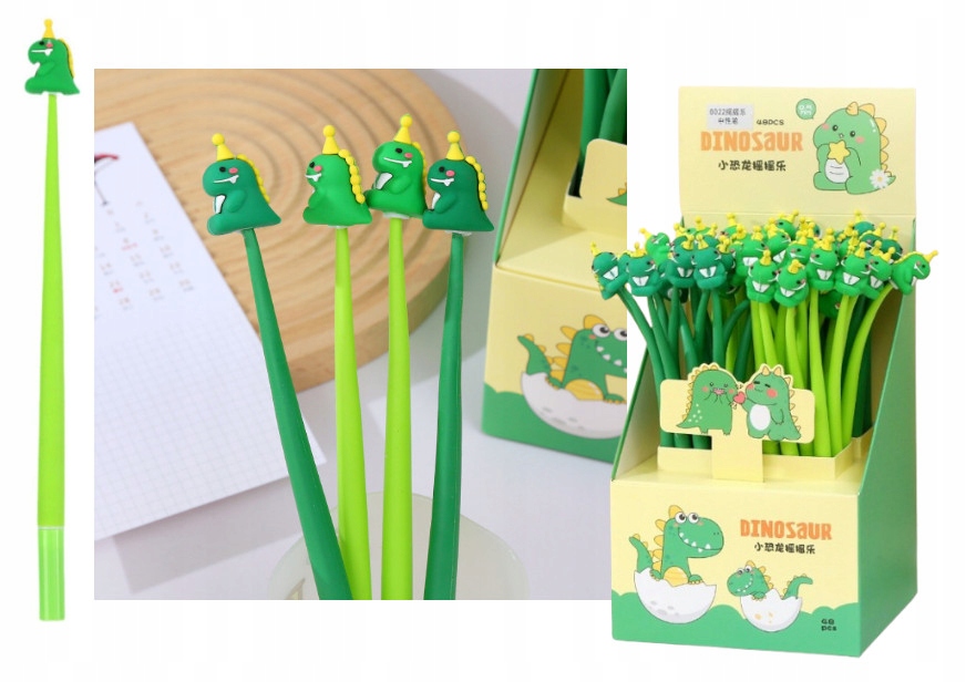 DŁUGOPIS GIĘTKI ŻELOWY DINOZAUR cienkopis zielony MIX 23cm 1szt